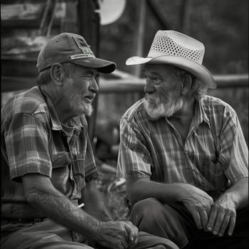 Friendship and teamwork in the fields during planting and harvesting. Friendship between two men. Friendship between two children. Black and white image. High quality photo