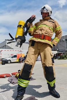 A firefighter dons the essential components of their professional gear, embodying resilience, commitment, and readiness as they gear up for a hazardous firefighting mission, a testament to their unwavering dedication to protecting and saving lives.