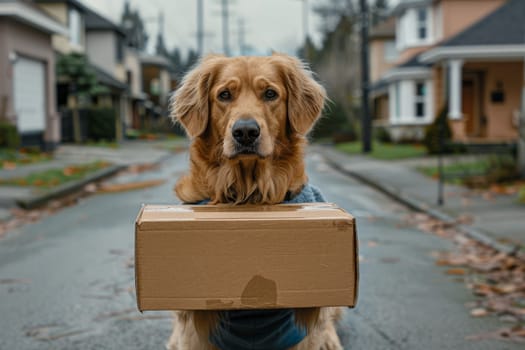 A dog is holding a cardboard box in its mouth. The dog is standing on a street in front of a house