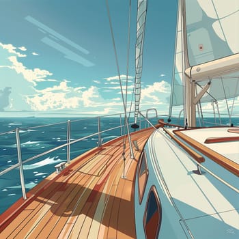 A yacht racing on the waves of the sea. Vintage anime style. High quality illustration