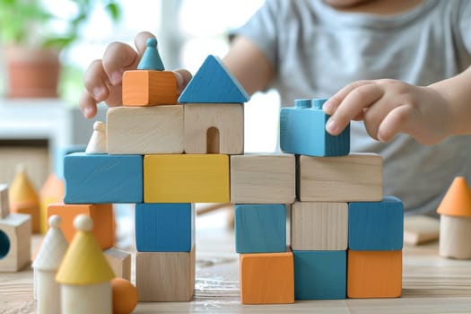 Little child playing with wooden blocks to build a house in playroom.