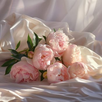 A bouquet of white peonies lying on the bed in the morning. High quality illustration