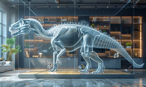 Holographic Dinosaur Display in Modern Living Room. Selective focus