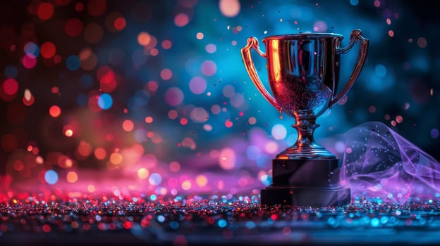 A silver trophy is sitting on a table with a lot of sparkles around it. The trophy is surrounded by a lot of light and it looks like it's glowing. Scene is celebratory and triumphant