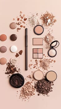 Make-up cosmetic product, beauty products and cosmetics swatch sample flatlay, various makeup brand tools as glamour fashion night out background idea