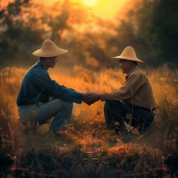 Friendship and teamwork in the fields during planting and harvesting. Friendship between two men. Friendship between two children. High quality