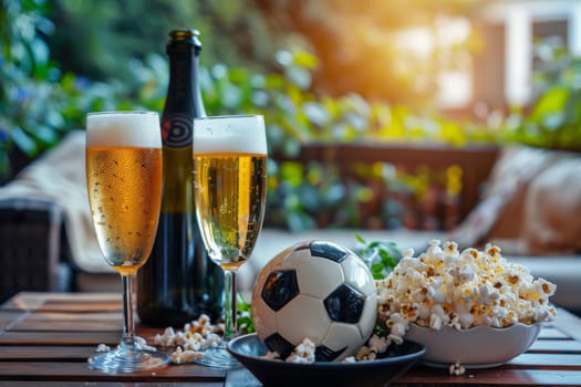 A bowl of popcorn and a glass of beer on a table. The scene is casual and relaxed, perfect for a movie night or a night in with friends