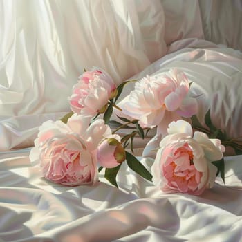 A bouquet of white peonies lying on the bed in the morning. High quality illustration