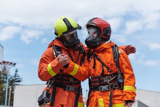 A unified team of firefighters, adorned in their uniforms, engages in a heartfelt celebration marked by triumphant salutes and cheers, embodying the joy and gratitude following the successful completion of a challenging firefighting mission.