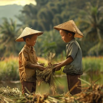 Friendship and teamwork in the fields during planting and harvesting. Friendship between children. High quality