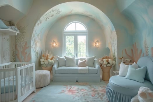 A baby nursery with a blue ceiling and a mural of a sea creature. The room is decorated with blue furniture and has a blue rug