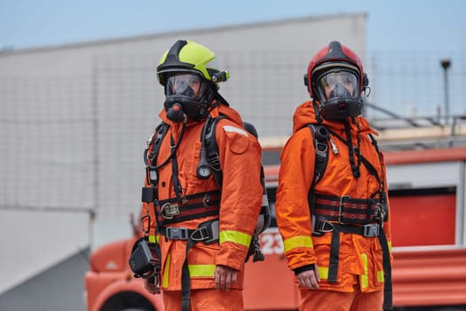 A team of firefighters, dressed in professional gear, undergoes training to learn how to use various firefighting tools and prepare for firefighting tasks.