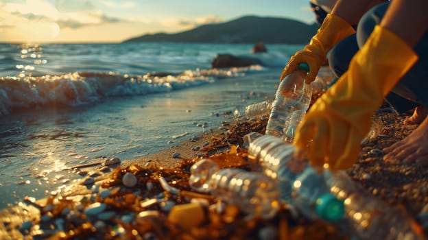 A group of volunteer cleans up garbage on the sand beach.