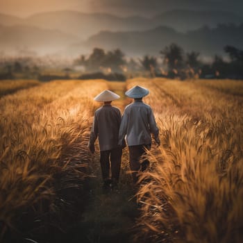 Friendship and teamwork in the fields during planting and harvesting. Friendship between two men. Friendship between two children. High quality