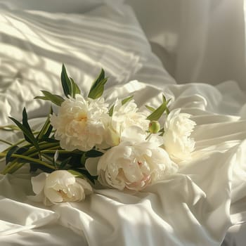 A bouquet of white peonies lying on the bed in the morning. High quality illustration