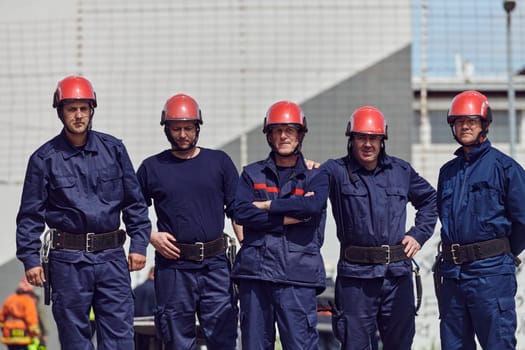 A team of confident and accomplished firefighters strides purposefully in their uniforms, exuding pride and satisfaction after successfully completing a challenging firefighting mission.