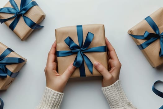 A person is holding a gift with a blue ribbon on it. The gift is wrapped in brown paper and has a bow on top