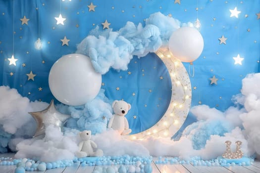 A baby room with a teddy bear and a blue and white theme. The room is decorated with balloons and stars