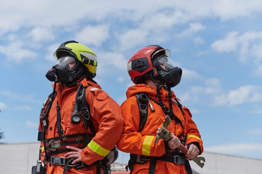 A team of firefighters, dressed in professional gear, undergoes training to learn how to use various firefighting tools and prepare for firefighting tasks.