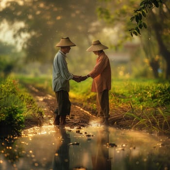 Friendship and teamwork in the fields during planting and harvesting. Friendship between two men. Friendship between two children. High quality