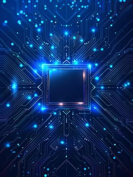 A close up of a computer chip with a blue and orange glow. Concept of technology and innovation, as well as the complexity of modern computer systems