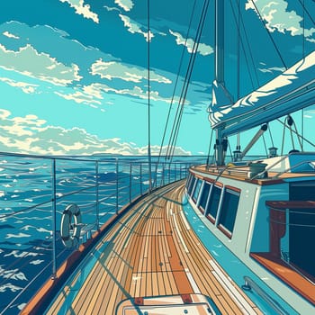 A yacht racing on the waves of the sea. Vintage anime style. High quality illustration