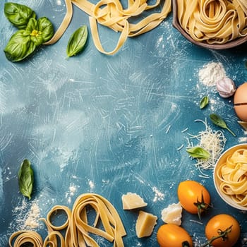 Pasta recipe preparation flatlay background with ingredients, spaghetti, olive oil, garlic, tomatoes and spices in the kitchen, homemade food recipe idea