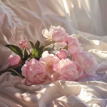 A bouquet of white peonies lying on the bed in the morning. High quality illustration