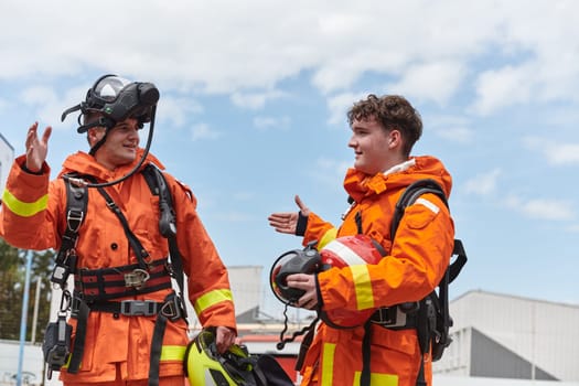 A unified team of firefighters, adorned in their uniforms, engages in a heartfelt celebration marked by triumphant salutes and cheers, embodying the joy and gratitude following the successful completion of a challenging firefighting mission.