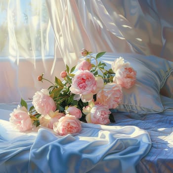 A bouquet of white peonies lying on the bed in the morning. High quality illustration