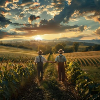 Friendship and teamwork in the fields during planting and harvesting. Friendship between two men. Friendship between two children. High quality