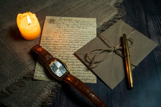 An antique envelope and a letter on the table. High quality photo