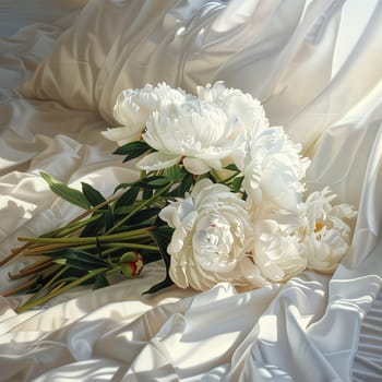 A bouquet of white peonies lying on the bed in the morning. High quality illustration