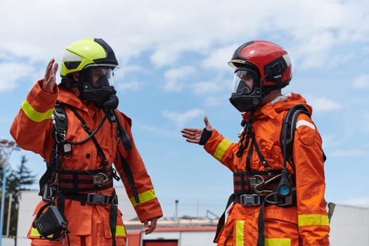 A unified team of firefighters, adorned in their uniforms, engages in a heartfelt celebration marked by triumphant salutes and cheers, embodying the joy and gratitude following the successful completion of a challenging firefighting mission.