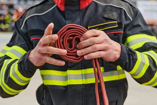 A dedicated firefighter meticulously coils the fire hose after successfully extinguishing a blaze, showcasing the critical post-incident responsibilities.