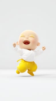 A cheerful animated baby in a white top and yellow pants is captured mid-jump with a wide, joyful smile and arms raised in excitement against a plain background - Generative AI