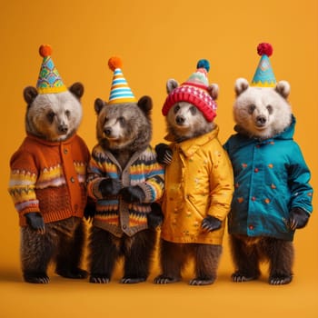 Four bears are wearing hats and jackets and standing in a line. Scene is festive and joyful, as the bears are dressed up for a celebration