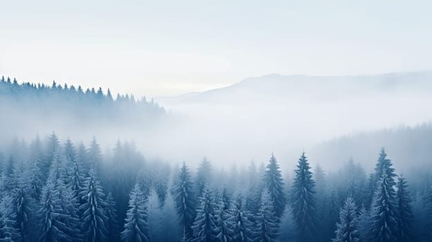 A serene winter landscape, with layers of mist enshrouding a dense forest blanketed in snow, under the soft light of an early morning - Generative AI