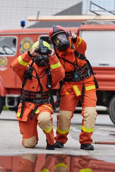 A group of firefighters undergoes training to learn how to effectively use a thermal camera in firefighting operations.