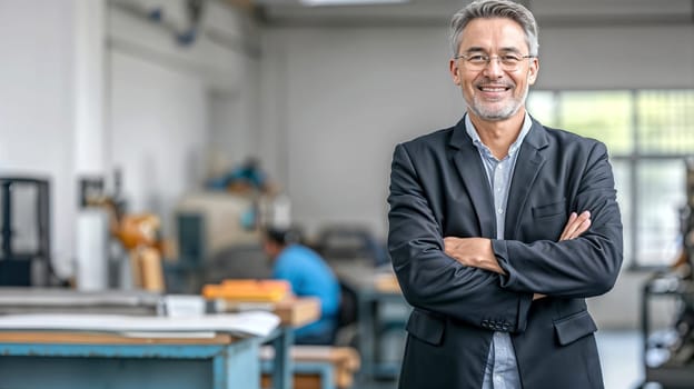 A smiling businessman with crossed arms stands confidently in front of a blurred manufacturing workshop setting, symbolizing leadership and industry management - Generative AI