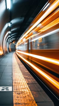 A long exposure shot captures the blur of a train in motion through an underground tunnel, with the platform standing stark and empty - Generative AI