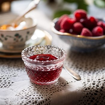 Raspberry jam and raspberries in a crystal bowl, country food and English recipe idea for menu, food blog and cookbook inspiration