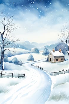 Merry Christmas and Happy Holidays, watercolour printable art print, English countryside cottage as snow winter holiday Christmas card, thank you and diy greeting card design, country style idea