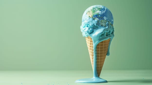 Blue Ice Cream Cone with Earth Melting Against Green Light Background Concept Artistic Depiction of Climate Change.