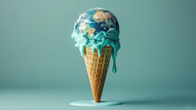 Blue Ice Cream Cone with Earth Melting Against Green Light Background Concept Artistic Depiction of Climate Change.