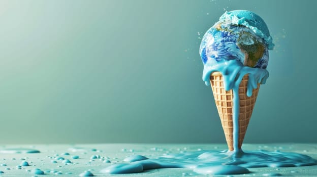 Blue Ice Cream Cone with Earth Melting Against Green Light Background Concept Artistic Depiction of Climate Change.