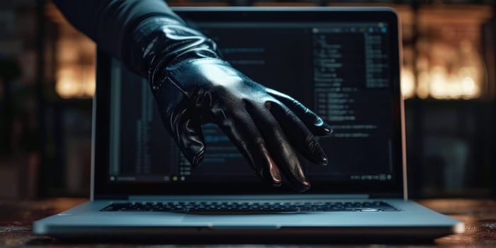 Anonymous Hacker and Cyber Criminal Man Emerging from Laptop Screen Grabbing and Stealing Passwords Concept Cybercrime Threat.