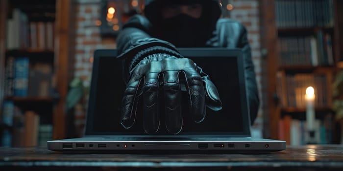 Anonymous Hacker and Cyber Criminal Man Emerging from Laptop Screen Grabbing and Stealing Passwords Concept Cybercrime Threat.