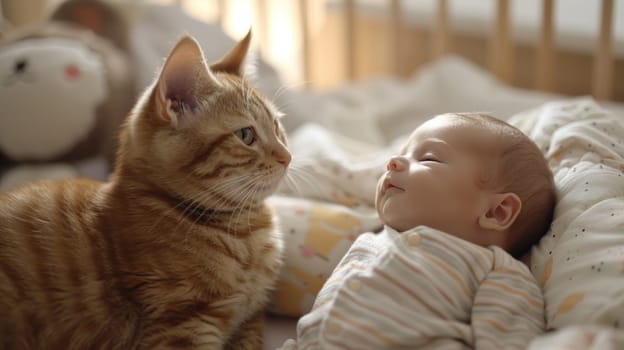 Cute Fat Cat Sitting and Watching Sleeping Baby in Cradle Concept Adorable and Protective Pet Moment.