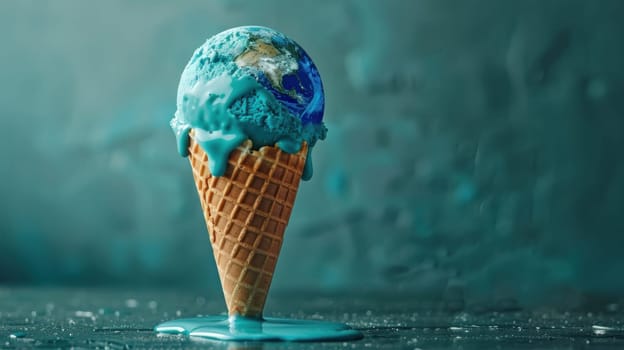 Blue Ice Cream Cone with Earth Melting Against Green Light Background Concept Artistic Depiction of Climate Change.